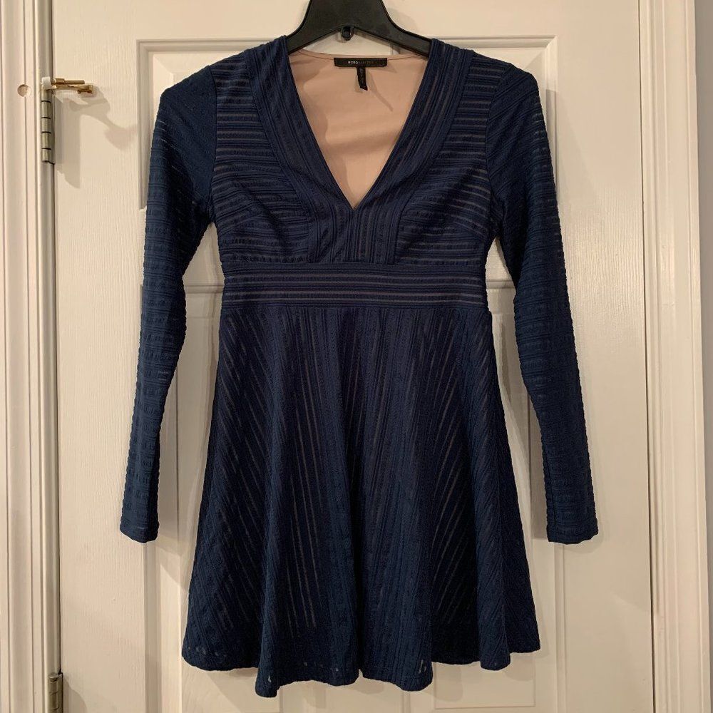 BCBGMaxAzria Sheer Navy Overlay V Neck Dress XS
